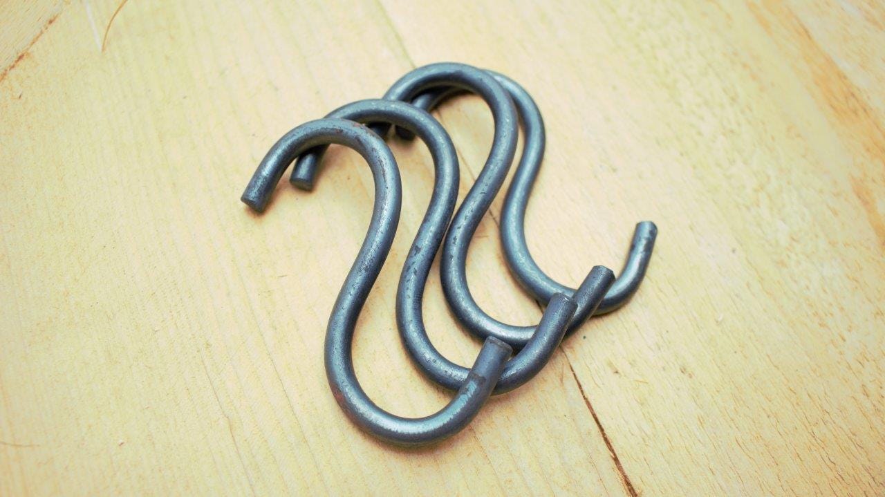 S-Hook, Pack of 3, Hand-Forged, Blunt End Heavy Duty Hook, Kitchen Organizer, Rustic Decor, Hanging Storage, Black Finish, Hand-Forged Steel