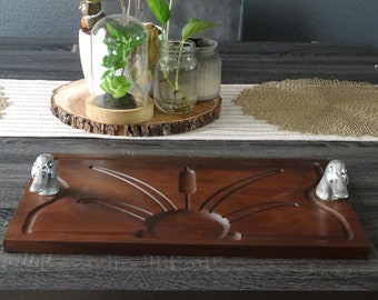 Midcentury Modern Cutting Board or Serving Tray with Aluminum Duck Head Handles Vintage MCM Kitchen Decor