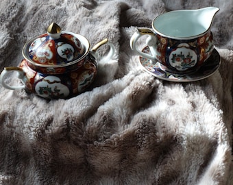 Vintage Otagiri Japan Gold Imari Sugar Bowl with Lid and Creamer Bowl with Saucer 1960s Hand Painted