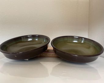 Vintage paar Madeira by Franciscan USA groene/bruine dessert-, soep- en ontbijtkommen.