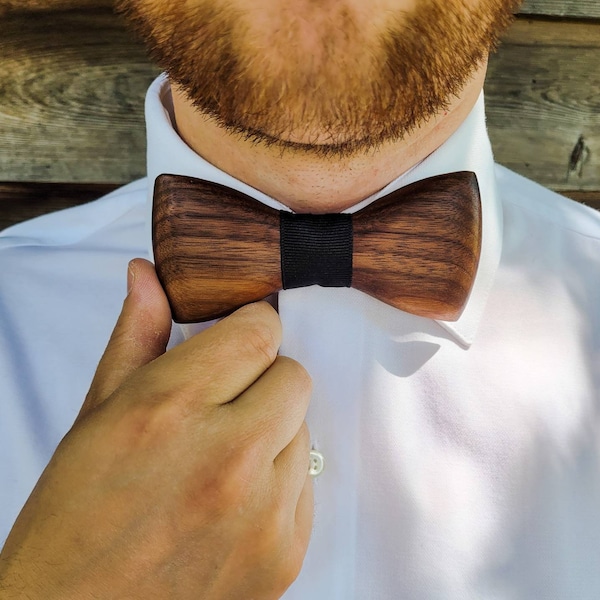 wooden bow tie, black walnut personalised wood bowtie, matching father son bowties, groomsmen gifts personalized, groom boho bowtie,