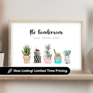 May include: A white framed print with the text "The Hendersons Love Grows Here" and a watercolour illustration of five potted plants. The plants are a snake plant, a cactus, a fern, a succulent, and a panda-shaped succulent.