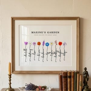 Maxine's Garden personalized birth flower print in a wood frame with white mat, hung above a table with brass candlestick, dried lavender and antique books. Subtitle reads From Granny to Great Gran. Ten watercolor birth month flowers, including violet, narcissus, cosmos, marigold, larkspur, morning glory, daisy, cherry blossom, poppy and iris, grow from hand-lettered stems spelling each name. Great grandma gift and personalized birth flower art.