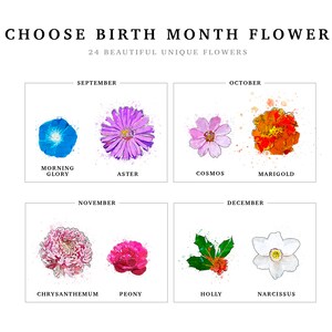 Birth month flower chart for the Grandmas Garden print, part three of three, covering September through December. September is morning glory and aster, October is cosmos and marigold, November is chrysanthemum and peony, December is holly and narcissus, each painted in watercolor. Pick the flower that matches each name's birth month for a personalized birth flower print.
