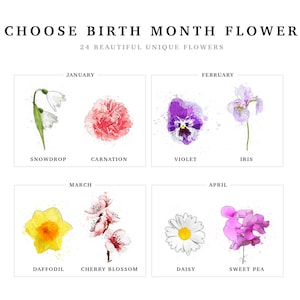 Birth month flower chart for the Grandmas Garden print, part one of three, covering January through April. January is snowdrop and carnation, February is violet and iris, March is daffodil and cherry blossom, April is daisy and sweet pea, each painted in watercolor. Pick the flower that matches each name's birth month for a personalized birth flower print.