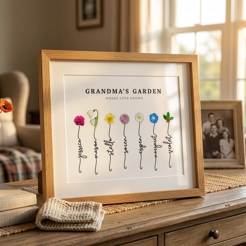 Grandma's Garden personalized birth flower print in a light oak frame with white mat, propped on a dresser in a sunlit living room beside a vintage family photo. Subtitle reads Where Love Grows. Seven watercolor birth month flowers, including carnation, snowdrop, daffodil, allium, daisy, morning glory and holly, grow from hand-lettered stems spelling each grandchild's name. A sentimental grandma gift from the grandkids.