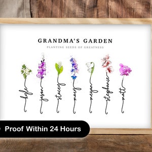 PROOF IN 24 HOURS | Grandma’s Garden | Custom Family Art Print | Personalized Watercolor Birth Month Flower | Christmas Gift to Mom Grandma