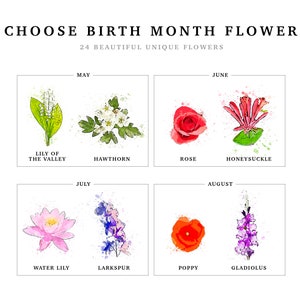 Birth month flower chart for the Grandmas Garden print, part two of three, covering May through August. May is lily of the valley and hawthorn, June is rose and honeysuckle, July is water lily and larkspur, August is poppy and gladiolus, each painted in watercolor. Pick the flower that matches each name's birth month for a personalized birth flower print.