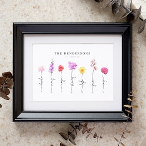 Grandmas Garden personalized birth flower print in a black frame with white mat, styled on stone with dried eucalyptus. Custom family name art titled The Hendersons, All Grown Up, with seven watercolor birth month flowers - water lily, larkspur, rose, sweet pea, daffodil, cherry blossom and peony - each rising from a hand-lettered stem that spells a family member's name. Sentimental grandma gift and birth flower bouquet wall art.