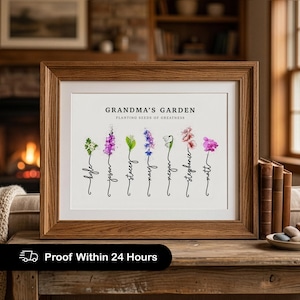 Grandma's Garden personalized birth flower print in a wood frame with white mat, propped on a table in a warm living room with a lit fireplace and books. Subtitle reads Planting Seeds of Greatness. Seven watercolor birth month flowers, including hawthorn, gladiolus, lily of the valley, larkspur, snowdrop, cherry blossom and sweet pea, grow from hand-lettered stems that spell each grandchild's name. A sentimental grandma gift from the grandkids.