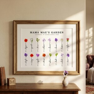 Mama Mae's Garden personalized birth flower print in a gold wood frame with white mat, hung above a dresser with a pansy in a bud vase and a wooden letter block. Subtitle reads Growing In Favor Since 1988. Sixteen watercolor birth month flowers, including poppy, snowdrop, hawthorn, iris, violet, daisy, honeysuckle, marigold and lily of the valley, sit in two rows on hand-lettered stems spelling each name. A personalized grandma gift.