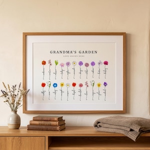 Grandma's Garden personalized birth flower print in an oak frame with white mat, hung above a sideboard with dried grasses and antique books. Subtitle reads Love Grows Here. Twenty-two watercolor birth month flowers, including marigold, cherry blossom, water lily, cosmos, daisy, aster, poppy, snowdrop, morning glory, daffodil and violet, sit in two even rows on hand-lettered stems that spell each grandchild's name. A large family grandma gift.
