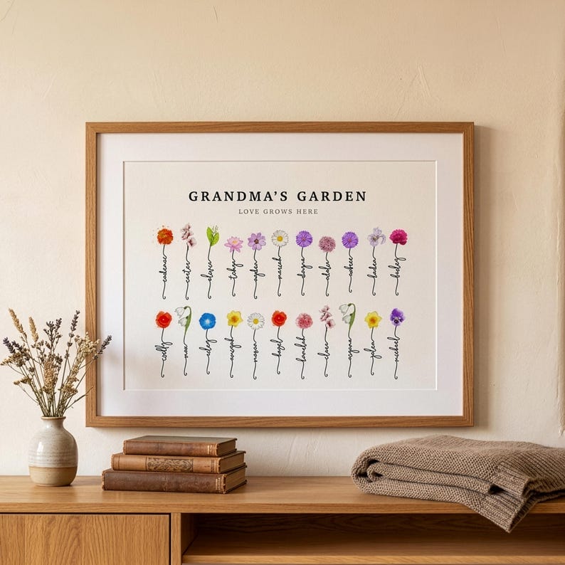 Grandma's Garden personalized birth flower print in an oak frame with white mat, hung above a sideboard with dried grasses and antique books. Subtitle reads Love Grows Here. Twenty-two watercolor birth month flowers, including marigold, cherry blossom, water lily, cosmos, daisy, aster, poppy, snowdrop, morning glory, daffodil and violet, sit in two even rows on hand-lettered stems that spell each grandchild's name. A large family grandma gift.
