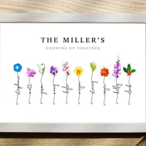Grandmas Garden personalized birth flower print in a white frame on a wood table, custom family name art titled The Miller's, Growing Up Together, with ten watercolor birth month flowers - morning glory, sweet pea, snowdrop, violet, cherry blossom, daffodil, lily of the valley, marigold, gladiolus and holly - each on a hand-lettered stem spelling a family member's name. Sentimental grandma gift and birth flower bouquet wall art.