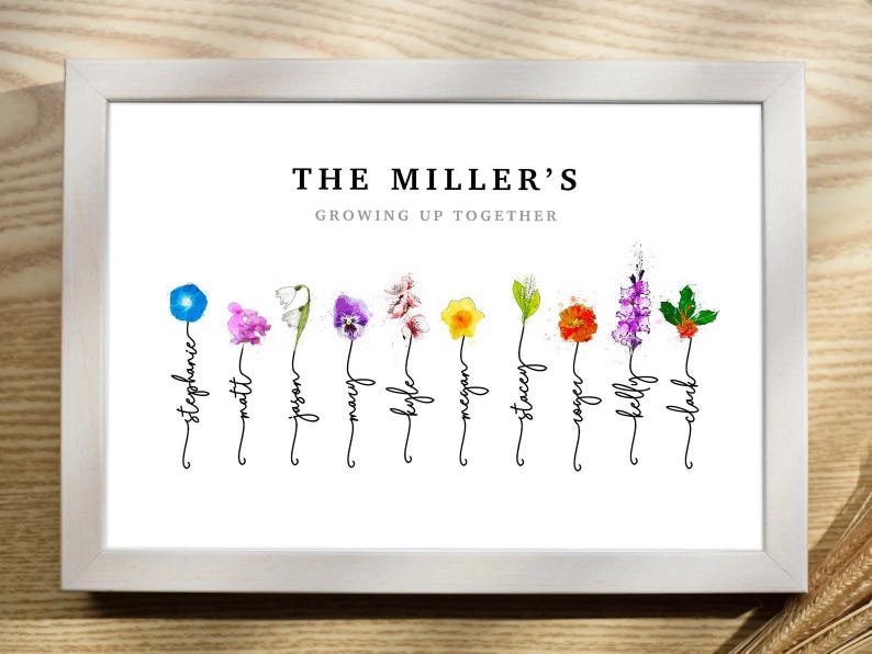 Grandmas Garden personalized birth flower print in a white frame on a wood table, custom family name art titled The Miller's, Growing Up Together, with ten watercolor birth month flowers - morning glory, sweet pea, snowdrop, violet, cherry blossom, daffodil, lily of the valley, marigold, gladiolus and holly - each on a hand-lettered stem spelling a family member's name. Sentimental grandma gift and birth flower bouquet wall art.