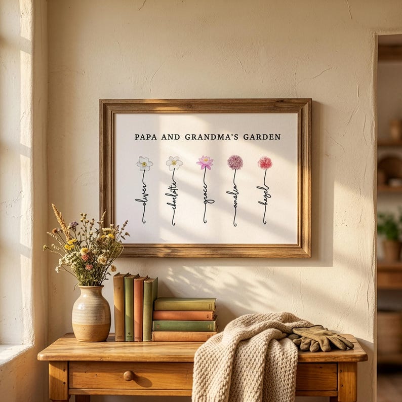 Papa and Grandma's Garden personalized birth flower print in a rustic wood frame, hung in a sunlit entryway above a table with dried flowers, books and garden gloves. Five birth month flowers, including narcissus, water lily and allium, grow from hand-lettered stems that spell each grandchild's name. A grandparent gift from the grandkids that names both grandma and grandpa on one print.