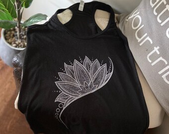 Half mandala, yin yang, lotus racer-back tank top