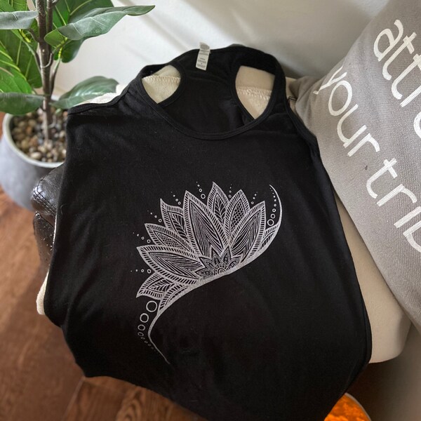 Half mandala, yin yang, lotus racer-back tank top