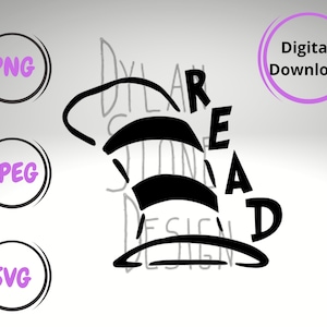 May include: Black and white digital download of a silhouette of the Cat in the Hat's hat with the word "READ" spelled out in a vertical line.