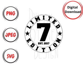 May include: Black and white graphic design of a circle with the text "Limited Edition" and a star on each side. The number "7" is in the center of the circle with the text "Est. 2017" below it.