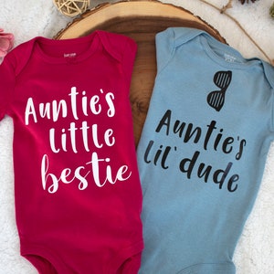 Auntie&#39;s Little Bestie, Auntie&#39;s Lil&#39; Dude, Baby Bodysuits,Aunt Pregnancy Announcement,New aunt,Cute outfits for babies, baby shower gift