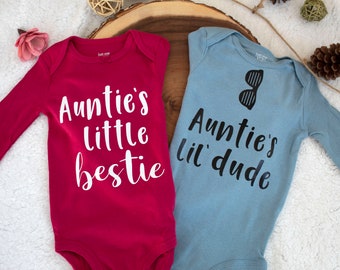 Auntie&#39;s Little Bestie, Auntie&#39;s Lil&#39; Dude, Baby Bodysuits,Aunt Pregnancy Announcement,New aunt,Cute outfits for babies, baby shower gift