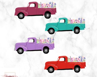 Vintage Truck Art | Red Truck picture| Spring truck with flowers | Red Truck digital files | Summer decor ideas | Green Truck | Purple Truck