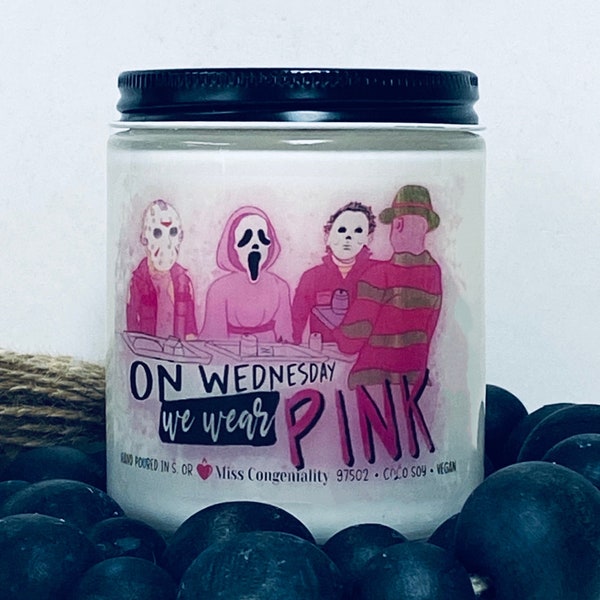 On Wednesday We Wear Pink | Funny Halloween Candle | Fall Decor | Scary Movies | Mean Girls | Breast Cancer Pink