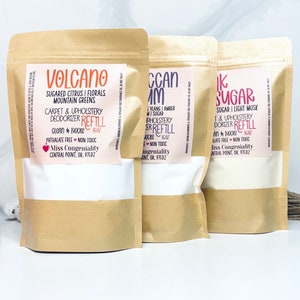 Peut inclure: Trois sacs en papier brun avec des étiquettes pour différentes recharges de parfum d'ambiance. Les étiquettes présentent les noms "Volcano", "Occan" et "Pink Sugar" avec des descriptions des parfums et le texte "Recharge désodorisant pour tapis et tissus d'ameublement" et "Clean & Luxxe 16oz".