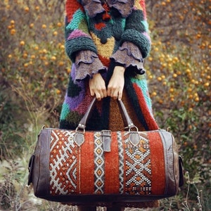 Boho Leather Travel Weekend Bag, Kilim Travel Bag, Duffel bag, carpet, rug design, vintage carpet, stylish handbag, travel bag, woman bags.