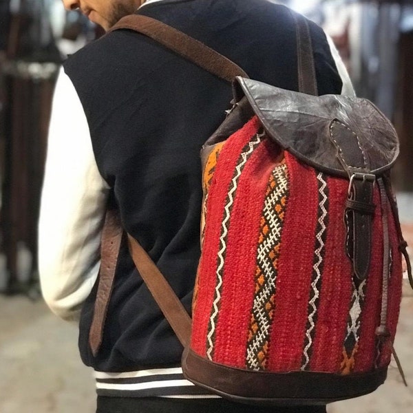 Vintage Backpack Moroccan handmade leather with kilim Rustic Boho style,Gift mother's day