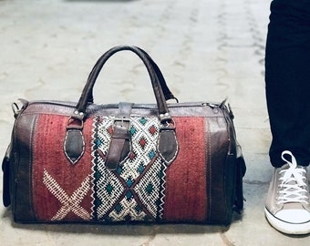 Travel adventure Leather Bag kilim Boho Weekend Bag, Kilim Travel Bag, Duffel bag, carpet Bag, rug design , vintage carpet ,Gift father day