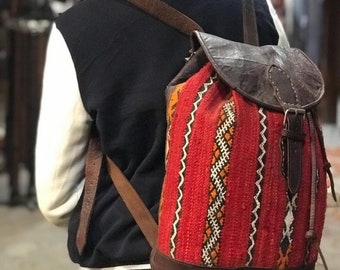 Vintage Backpack Moroccan handmade leather with kilim Rustic Boho style,Gift mother's day