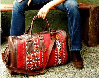 Muttertag, Boho-Leder-Reise-Wochenendtasche, Kelim-Reisetasche, Seesack, Teppich, Teppichdesign, Vintage-Teppich, Handtasche, Reisetasche, Carabao.