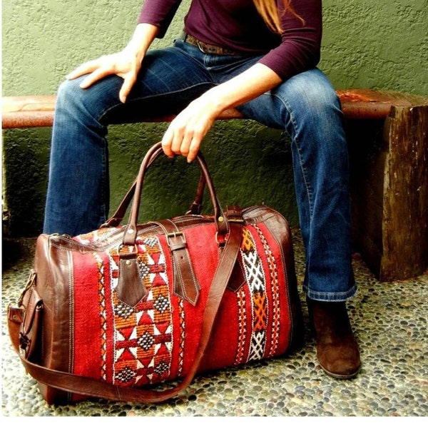 día de la madre, bolso de fin de semana de viaje de cuero boho, bolso de viaje Kilim, bolso de lona, alfombra, diseño de alfombras, alfombra vintage, bolso, bolso de viaje, carabao.