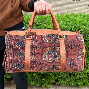 Travel adventure Leather Bag kilim Boho black Weekend Bag, Kilim Travel Bag, Duffel bag, carpet Bag, rug design vegan eco-friendly Leather