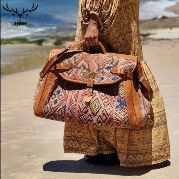 Medium Kilim Travel Bag Briefcase Kilim Duffel Bag Kilim Weekender Bag Carpet Leather Weekend Bag Boho Carpet Bag Vintage Carpet Bags Etsy
