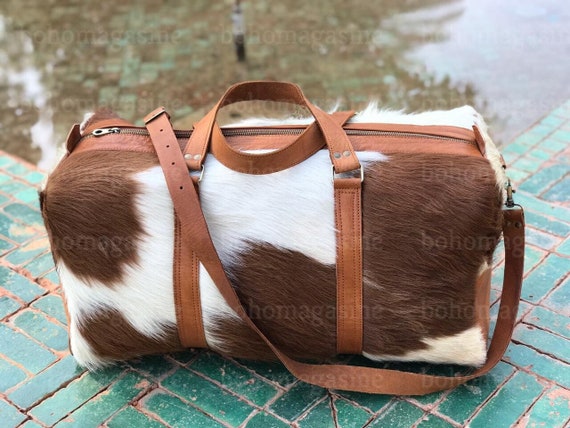 Brown and White Leather Duffel Bag Large Cowhide Travel Bag Cow Hide Weekend Night Bag Premium Quality mother s Day Etsy