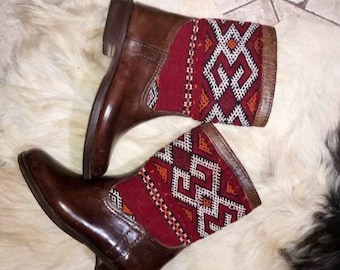 mother day , Kilim Brown Red Boots - Women - Real Calf Leather - Authentic Kilim Berber Vintage Carpet, gifts, carabao.