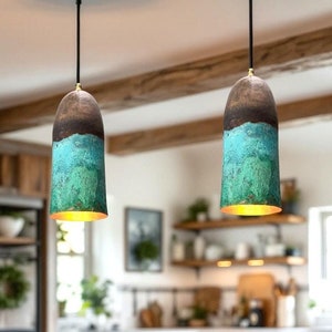 Handmade Green Patina Copper Pendant Lights – Stunning Set of 3 Rustic Fixtures for Kitchen Island, Dining Room & Unique Home Gift