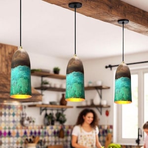 Handmade Green Patina copper pendant light – Set of 3 Industrial Farmhouse Lighting Fixtures for Kitchen Island, Dining Room & Entryway