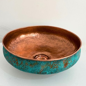 Rustic Copper Bathroom Vessel Sink, Hammered Copper Vessel Sink, Round Copper Wash Basin, Patina Copper Vessel Sink, Verdigris Copper Sink