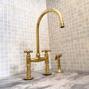 Patina Brass Kitchen Faucet, Unlacquered Solid Brass Sink Fixture, Straight Legs Kitchen Faucet, Antique Kitchen Bridge Faucet, Kitchen Tap