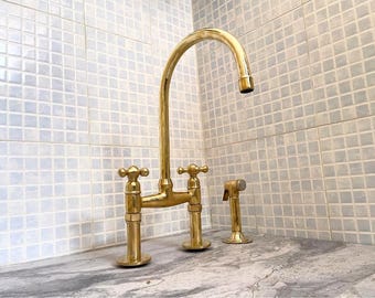 Patina Brass Kitchen Faucet, Unlacquered Solid Brass Sink Fixture, Straight Legs Kitchen Faucet, Antique Kitchen Bridge Faucet, Kitchen Tap