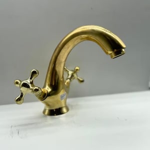 Brass Faucet with Cross Handles, Unlacquered Brass Vanity Faucet, Antique Brass Bathroom Faucet