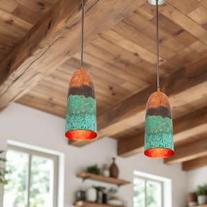 Set of 2 Industrial Farmhouse Lighting Fixtures for Kitchen Island & Dining Room - Handmade oxidized Green Patina Copper Pendant Lights