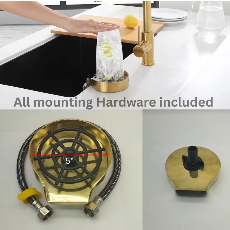 May include: Gold-toned kitchen sink faucet with a soap dispenser and a 5-inch diameter round dish rack with a black wire grid.  All mounting hardware included.