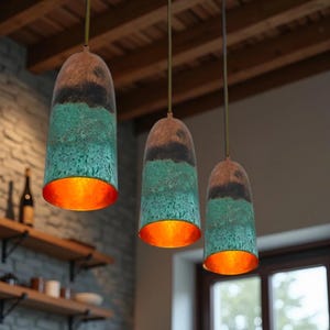 Handmade Green Patina Copper Pendant Lights – Set of 3 Industrial Farmhouse Lighting Fixtures for Kitchen Island, Dining Room & Entryway