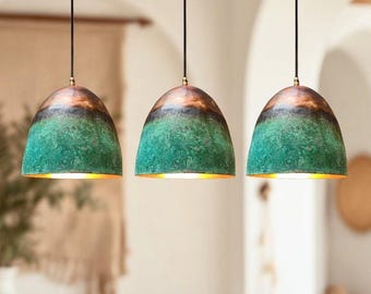 Juego de 3 lámparas colgantes de cobre con pátina verde, lámpara de isla de cocina martillada, lámpara de techo estilo granja industrial, lámparas de suspensión
