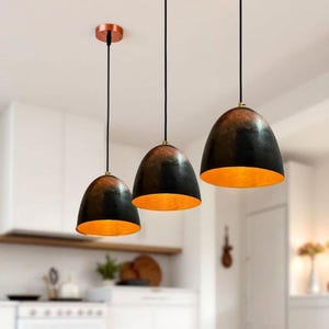 Set of 3 Half-Egg Dome Pendant Lights, Hammered Copper Kitchen Island Light Fixture, Handmade Ceiling Lamps, Rustic Pendant Lighting